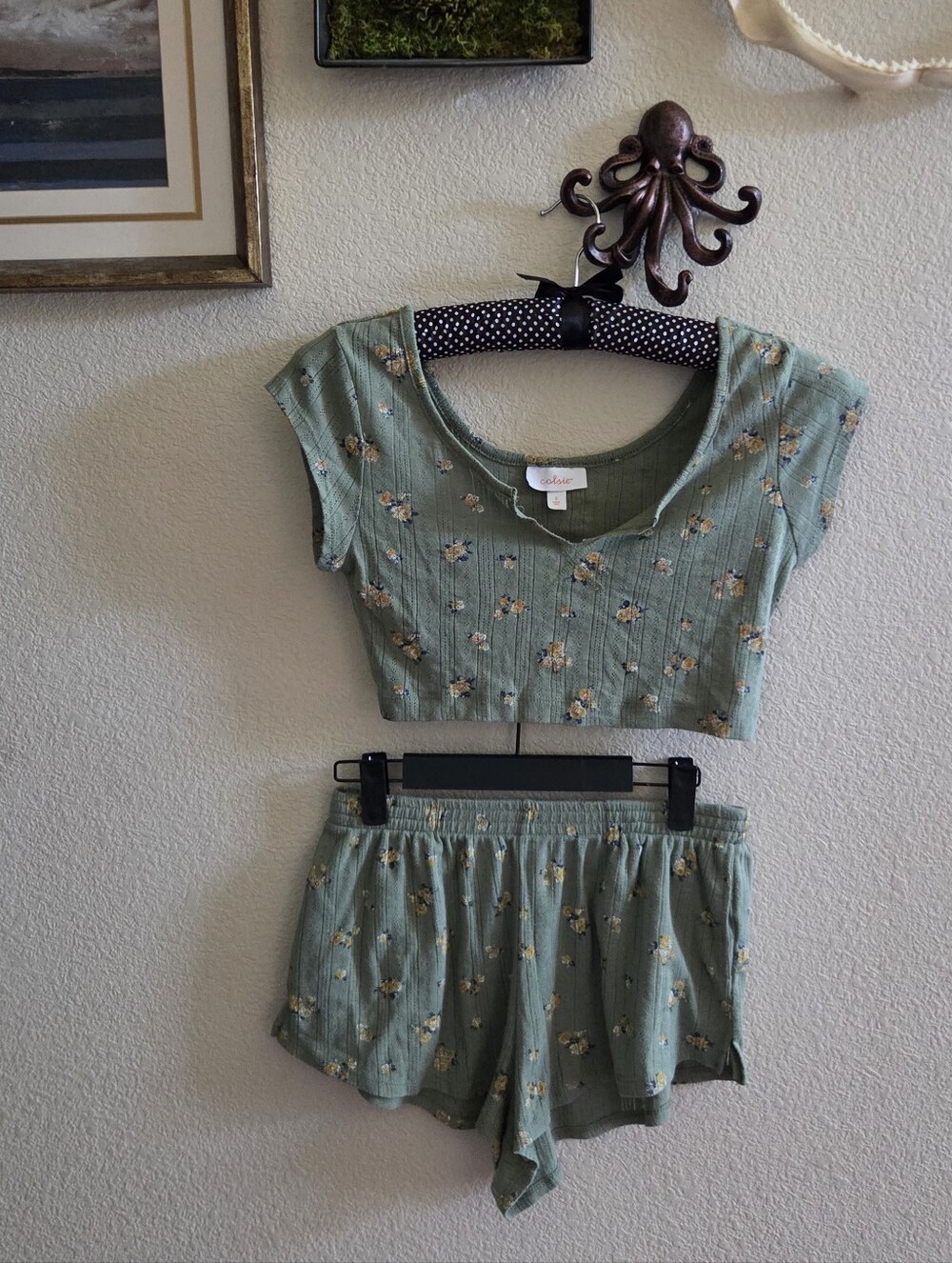 Colsie, Sage Floral Ribbed Crop Top & Short Sleep Set, Size S